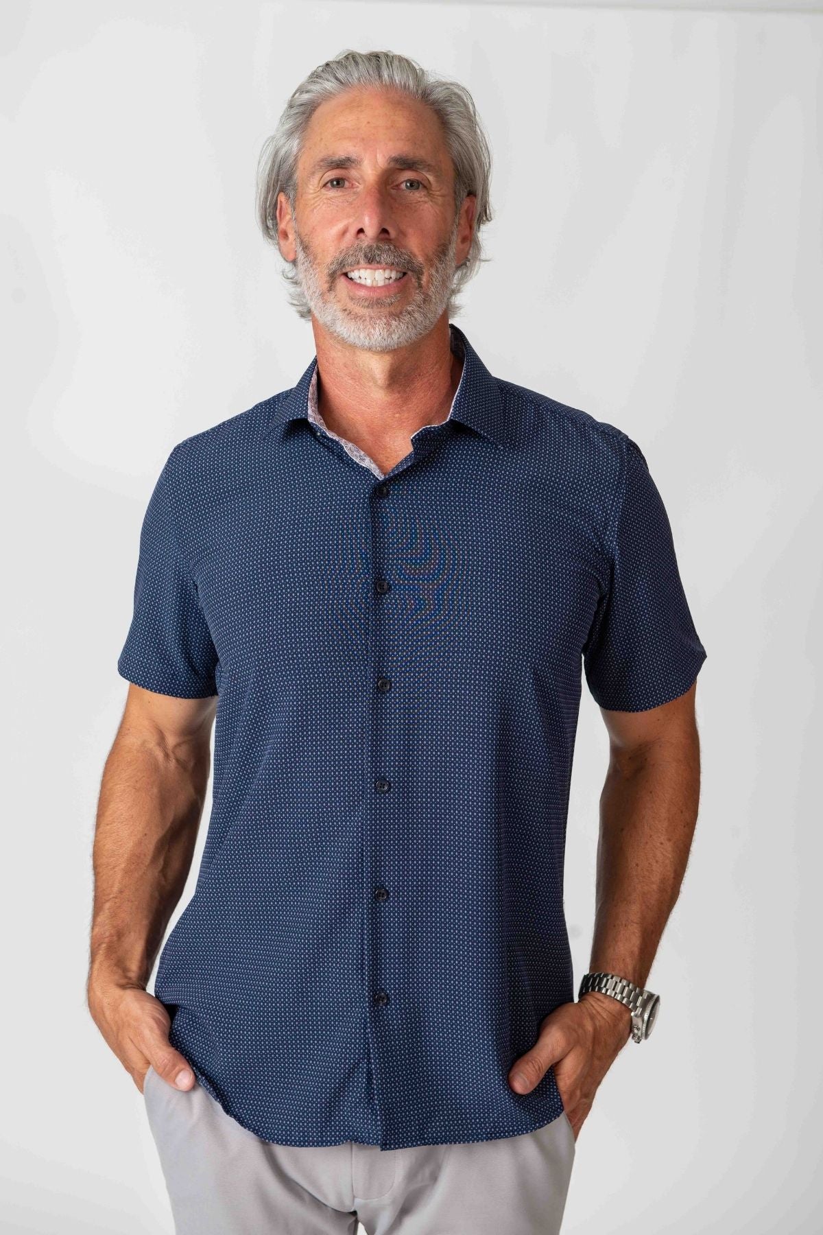 Men's Slim Fit Performance Stretch Navy Short Sleeve