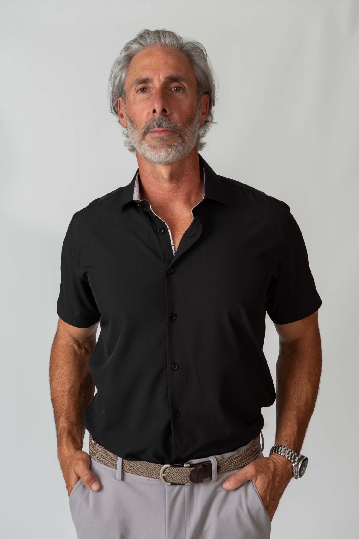 Men's Slim Fit Performance Stretch Black Short Sleeve