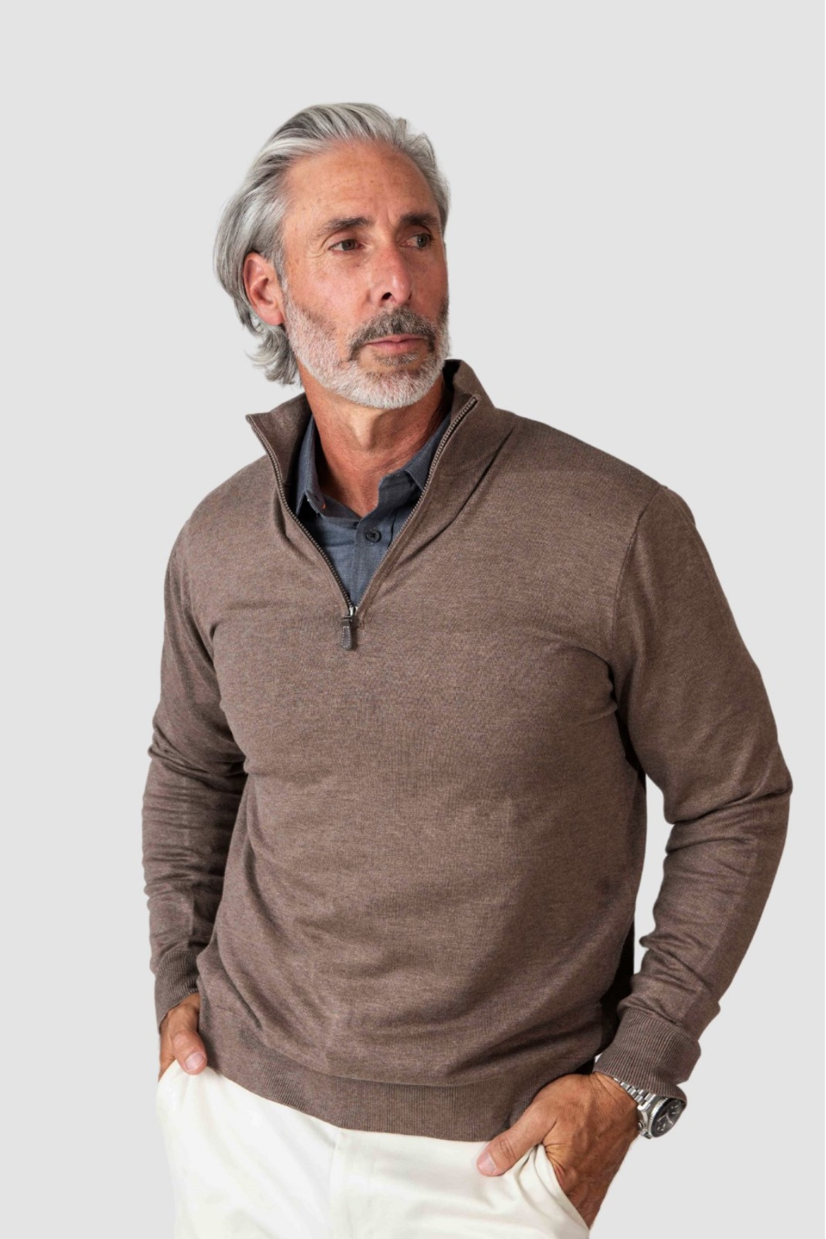 Cashmere Feel 1/4 Zip Sweater (Brown)