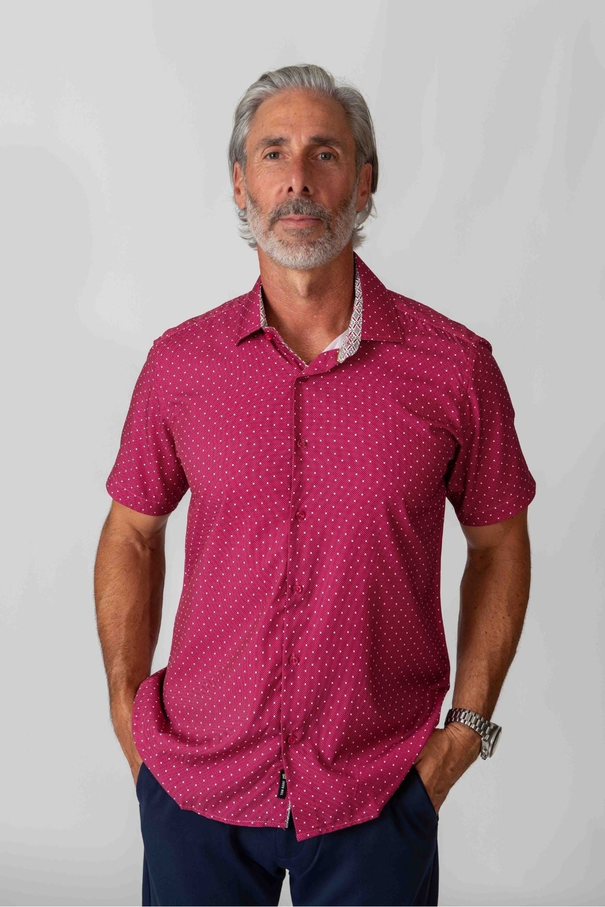 Men's Slim Fit Performance Stretch Burgundy Short Sleeve