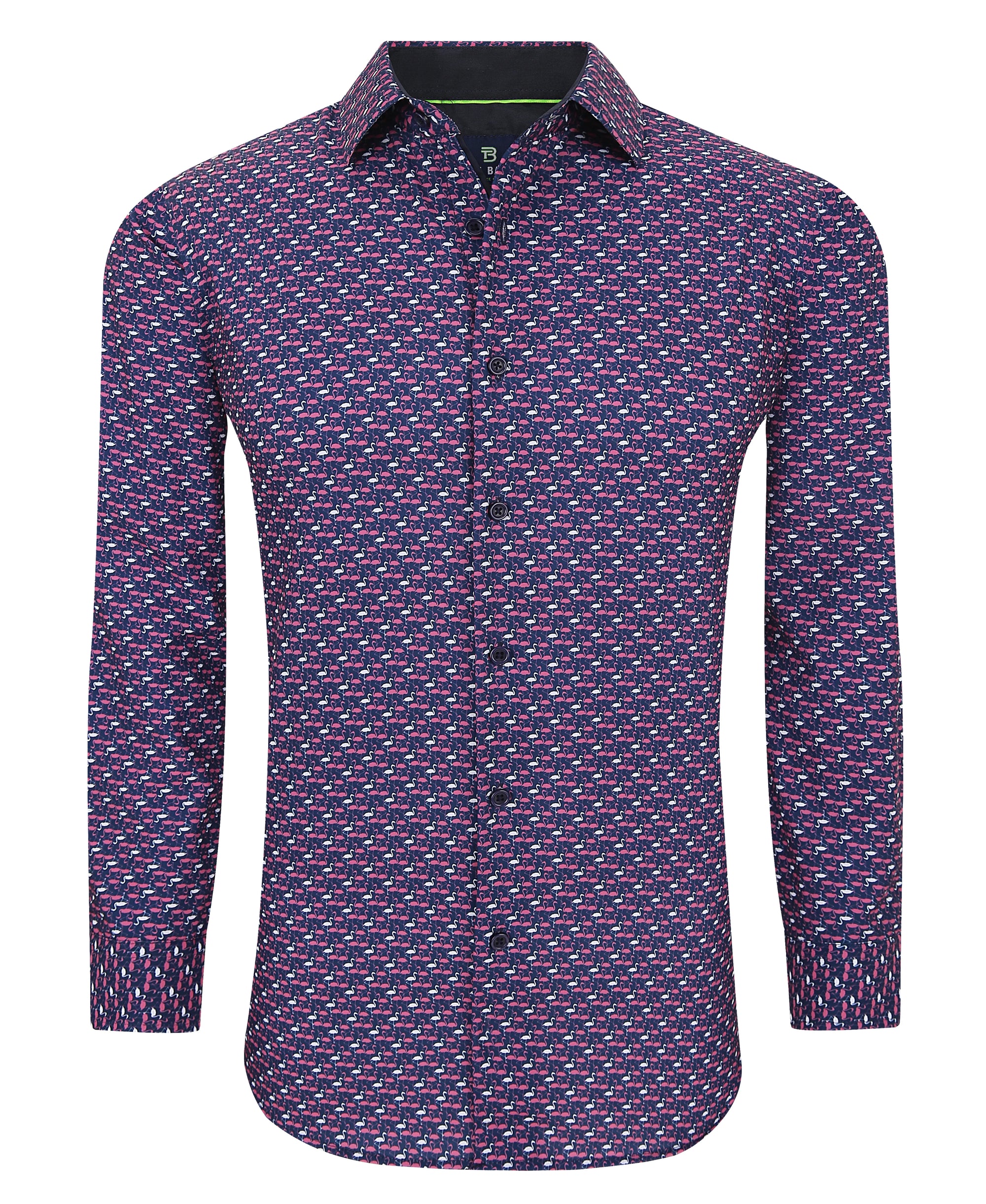 Men's Slim Fit Performance Long Sleeve Printed Shirt Pink Navy
