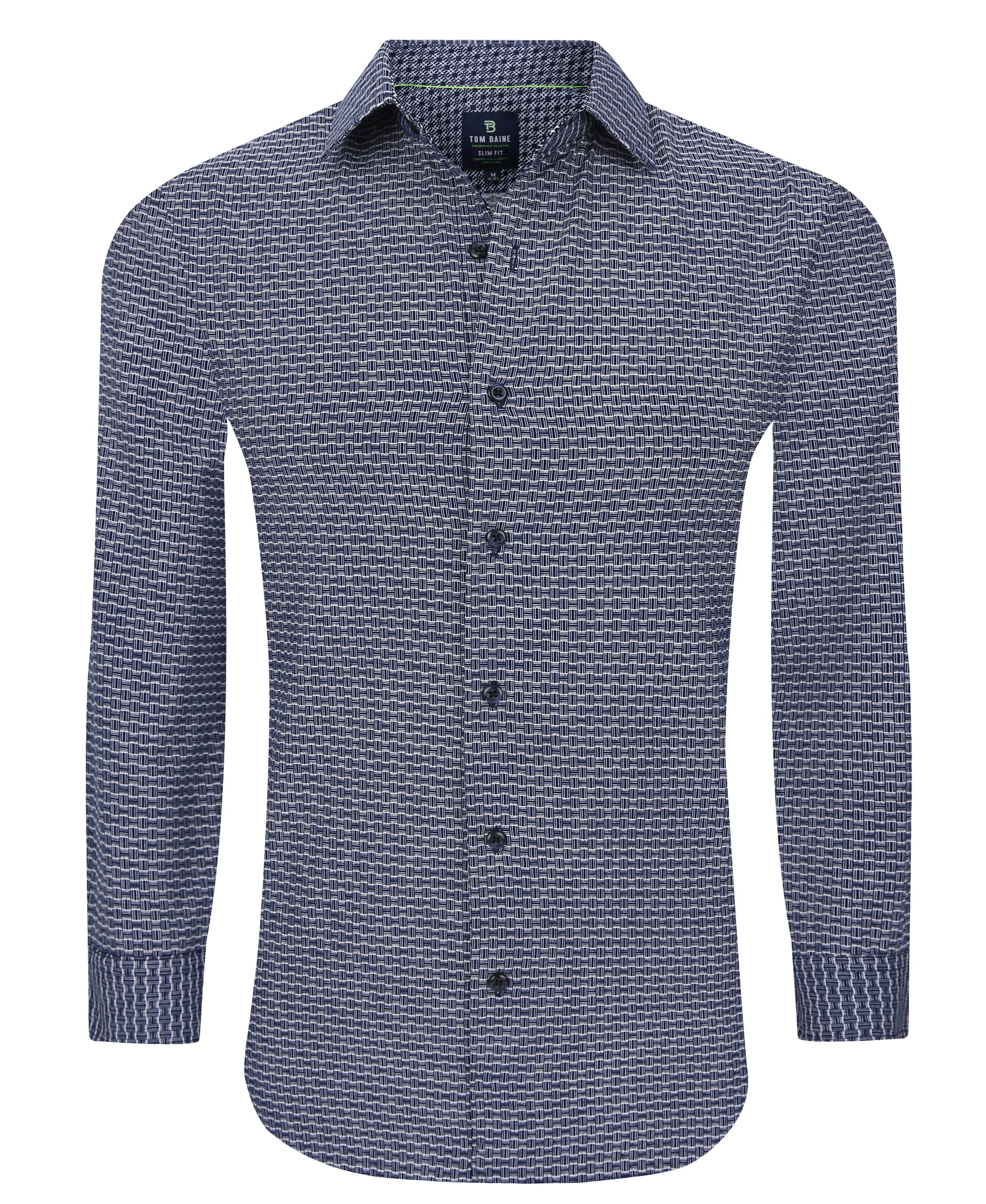 Men's Slim Fit Performance Long Sleeve Printed White Navy
