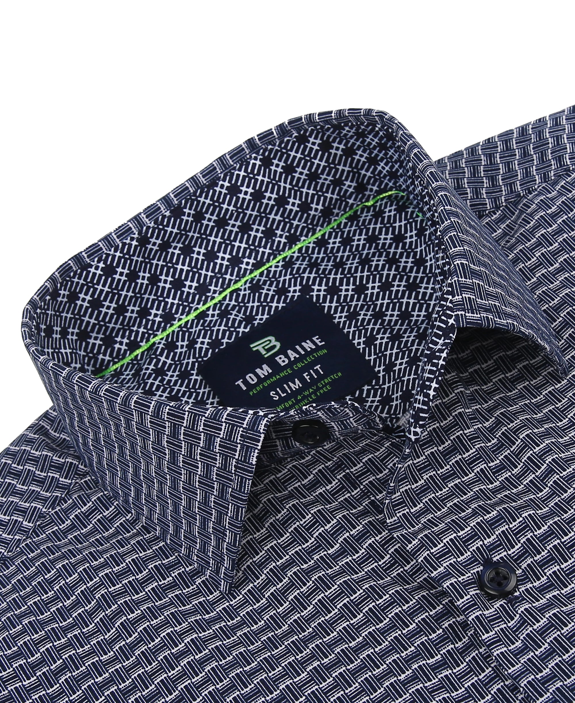 Men's Slim Fit Performance Long Sleeve Printed White Navy