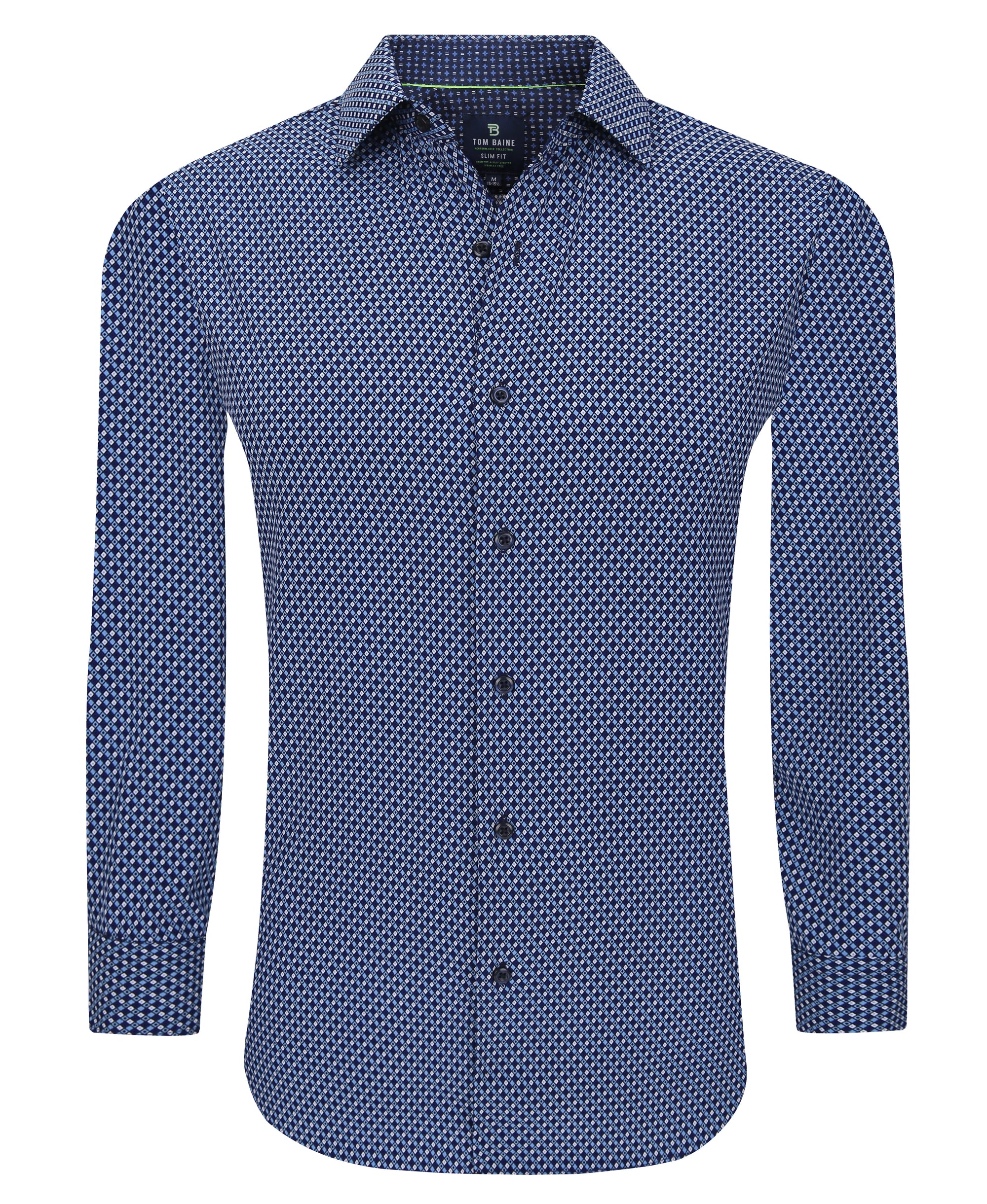 Men's Slim Fit Performance Long Sleeve Printed Blue Shirt