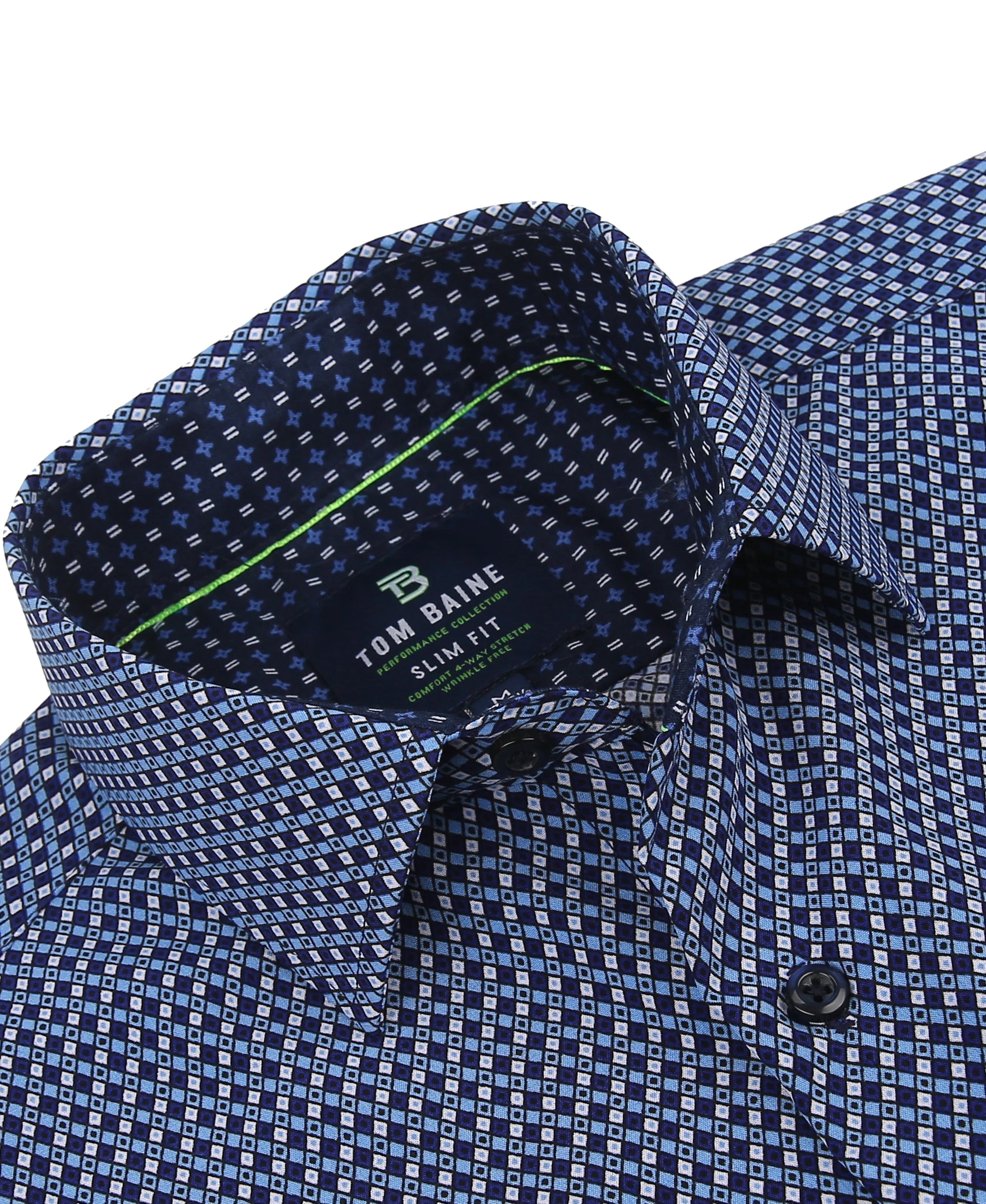 Men's Slim Fit Performance Long Sleeve Printed Blue Shirt