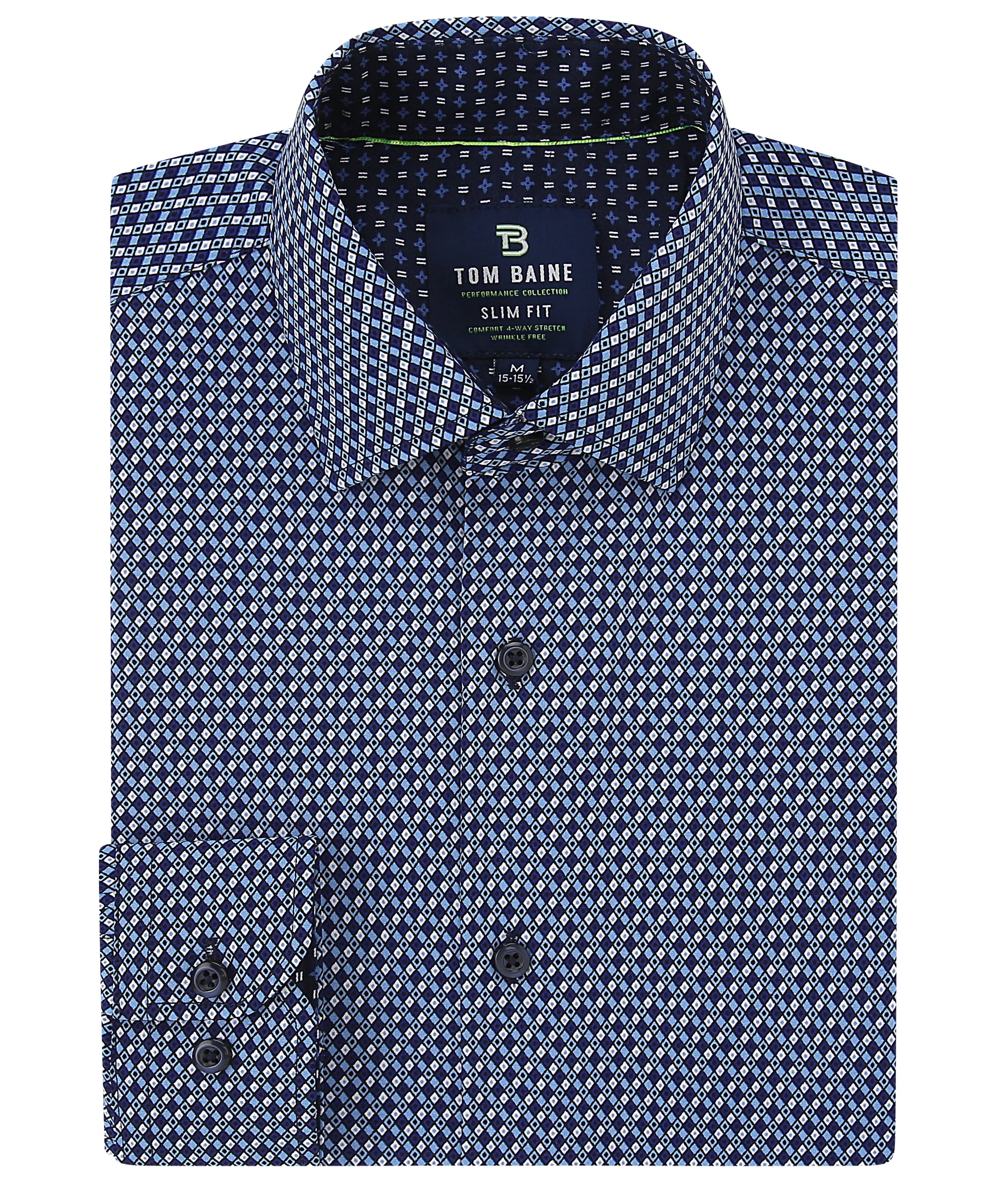 Men's Slim Fit Performance Long Sleeve Printed Blue Shirt