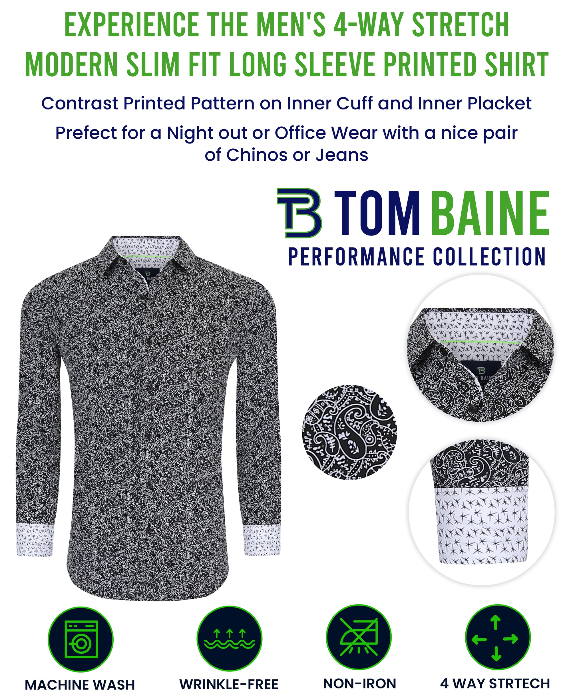 Men's Slim Fit Geometric Performance Long Sleeve Shirt Black