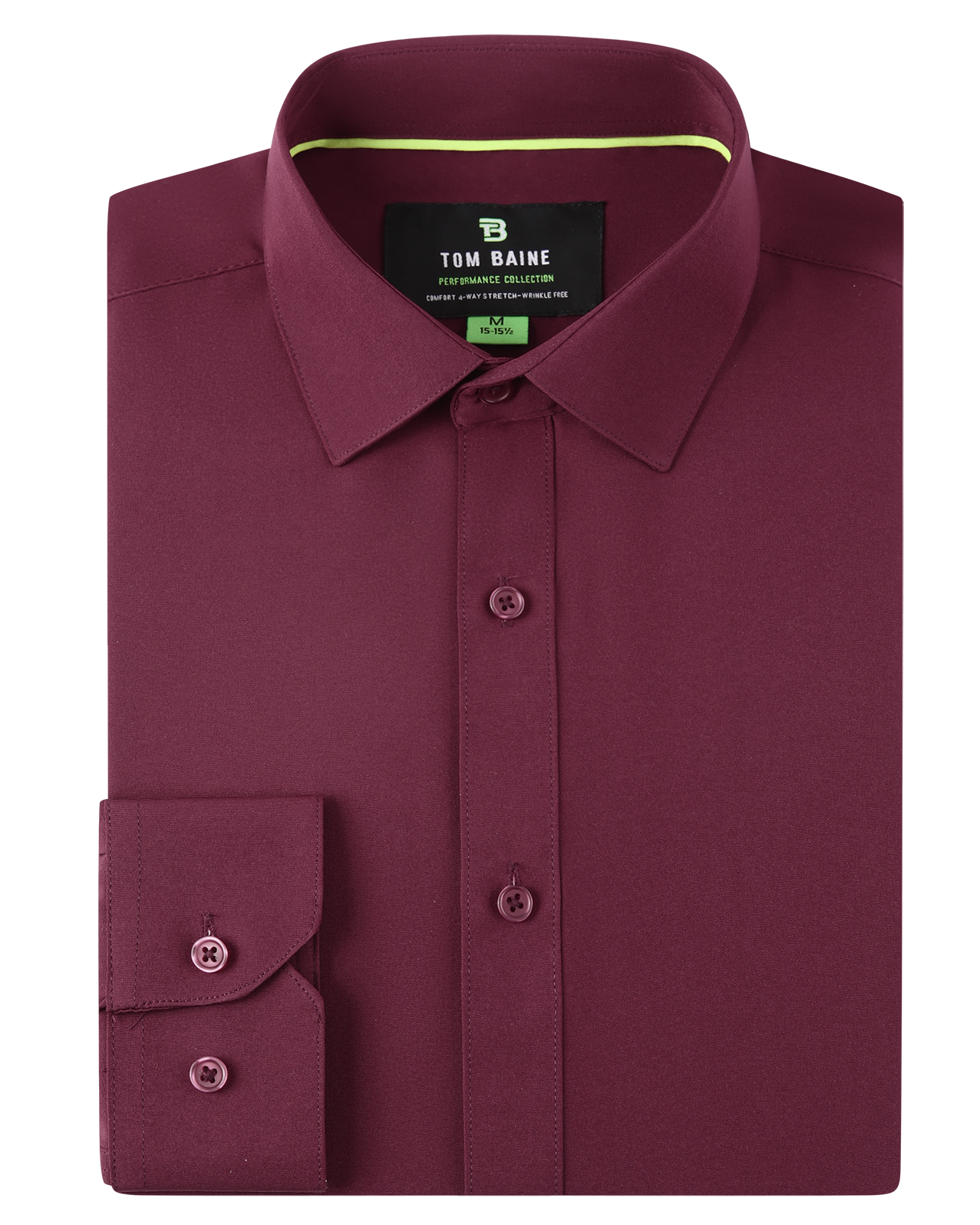 Maroon dress shirt with a brand label on a white background